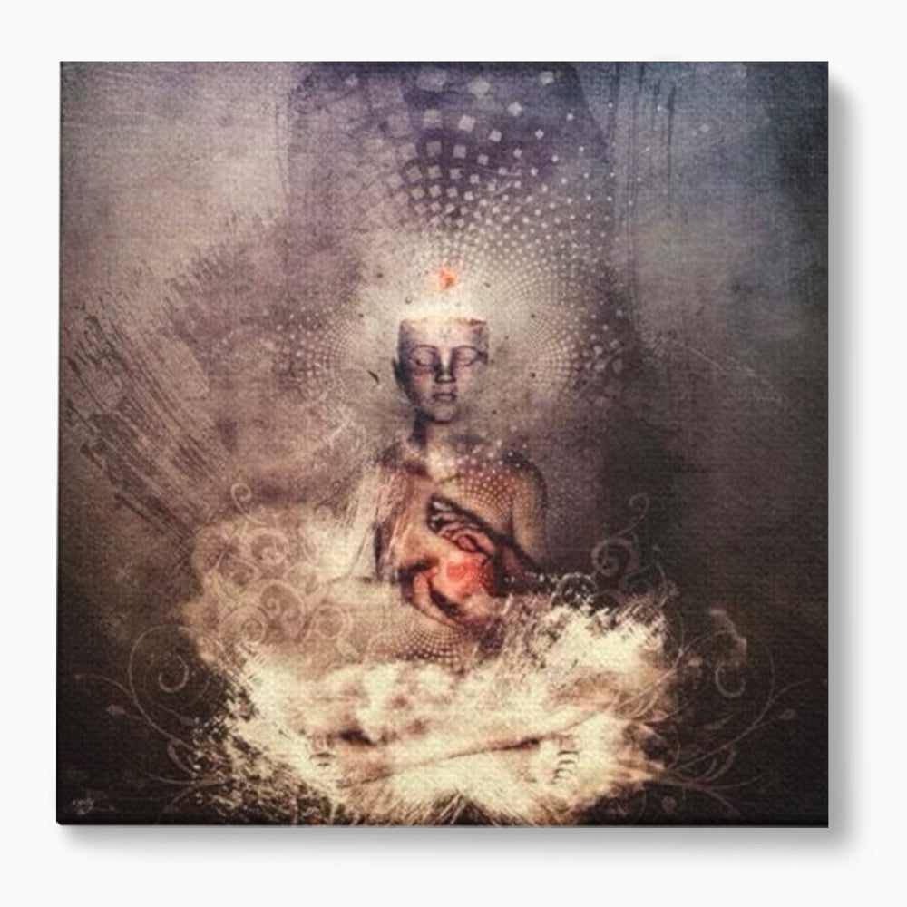 Tablou canvas cu ilustratie digitala cu entitate meditativa si inima luminoasa, fara rama, pe sasiu de lemn